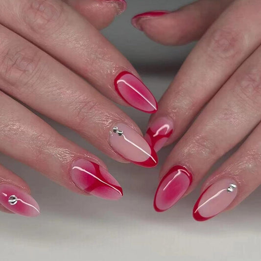 Press on Nails Medium Almond SWEKKE Pink French Tip Fake Nails False Nails with Designs Rhinestones Gradient Glossy Glue on Nails Acrylic Nails for Women Girls 24Pcs