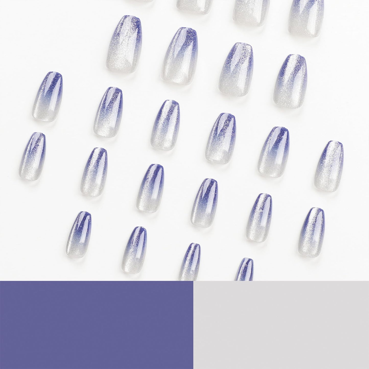 SINHOT Medium Coffin Press On Nails - Glossy Blue Ombre Acrylic Ballerina Artificial Nails With Bling Cat Eye Design - 24 Pcs