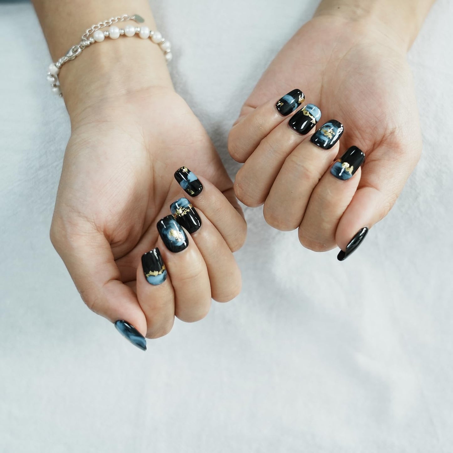 Tesytto Short Coffin Press on Nails - Handmade Black Fake Nails with Blue Ombre Glitter Gold Foil Design, High Gloss Acrylic Nails for Women, Party, Daily Wear (Playful Doodle,S)