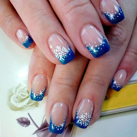 Christmas Blue French Tip Press on Nails Square Short Snowflake Fake Nails Winter Nude Pink Gradient False Nail Full Cover Reusable Acrylic Nails Christmas Glue on Nail for Women 24Pcs