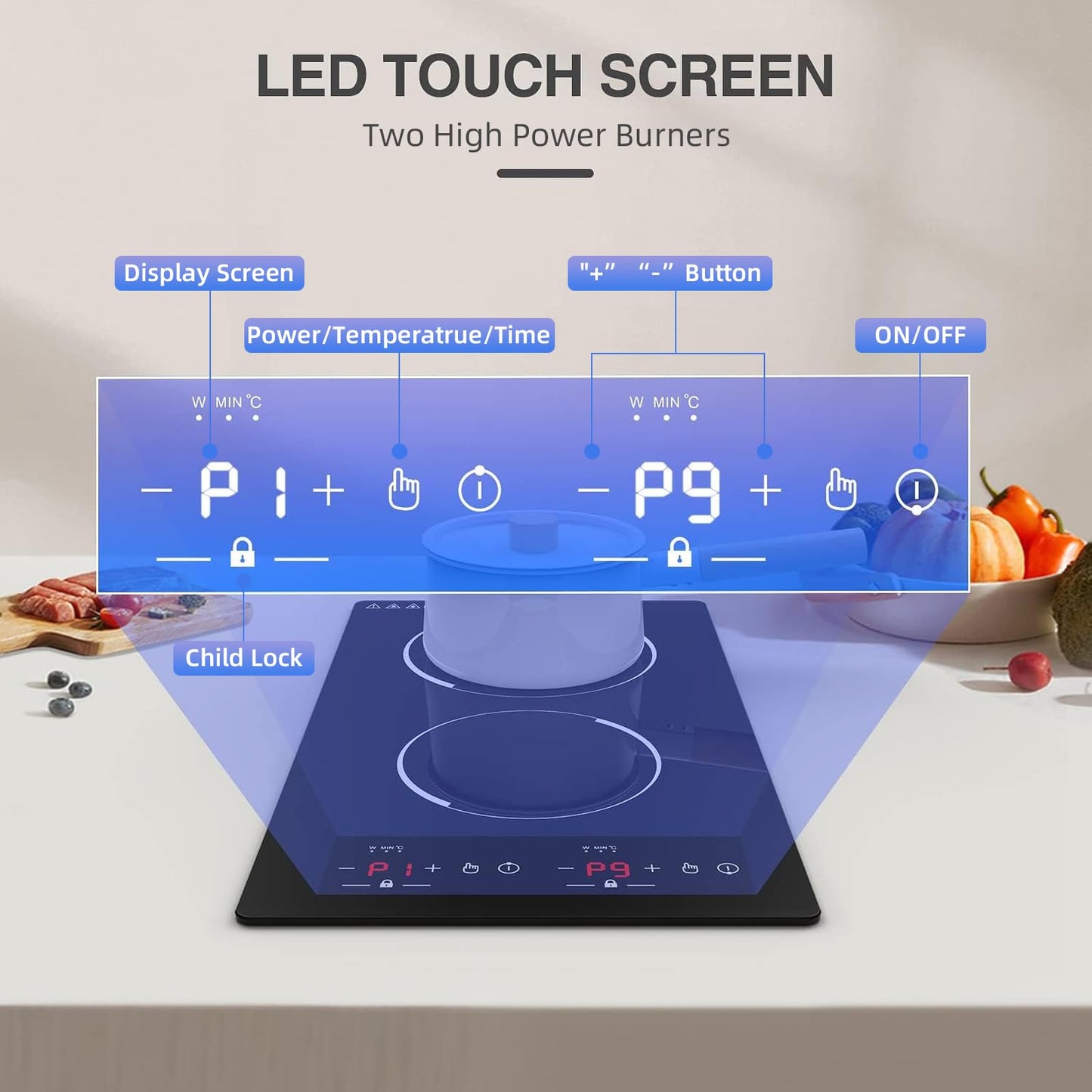 GTKZW 12“ Induction Cooktop, Double Induction Cooktop 2 Burner 110v-120v Electric Stove Top, Countertop and Built-in, 9 Power Levels, Child Lock, 120 Mins Timer