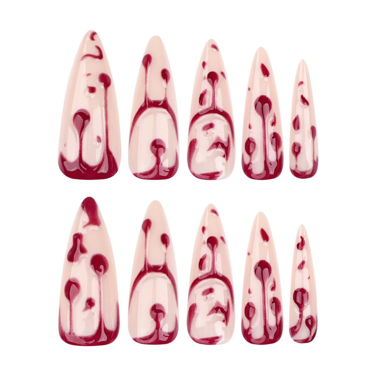 Halloween Press on Nails Long Almond Fake Nails Blood Design Stick on Nails Glossy Stiletto False Nails Artificial Reusable Full Cover Acrylic Glue on Nail for Women Nail Art Decoration 24Pcs