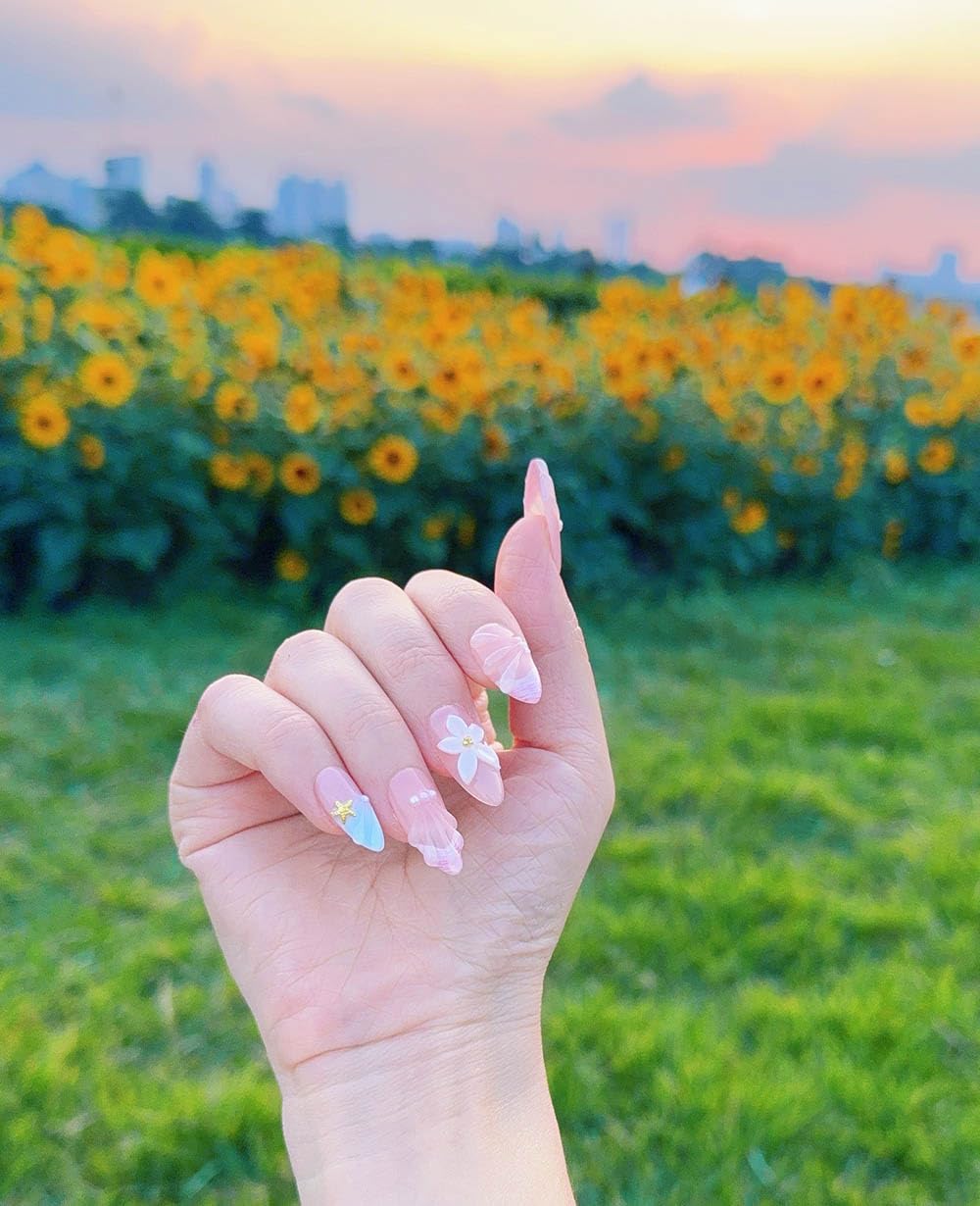 10Pcs Medium Almond Handmade Press On Nails | Easy Apply & Remove, Reusable Salon Quality Nails | Sheer Nude Beach Themed Fake Nails with 3D Seashell & Floral Accents (A022, XS)