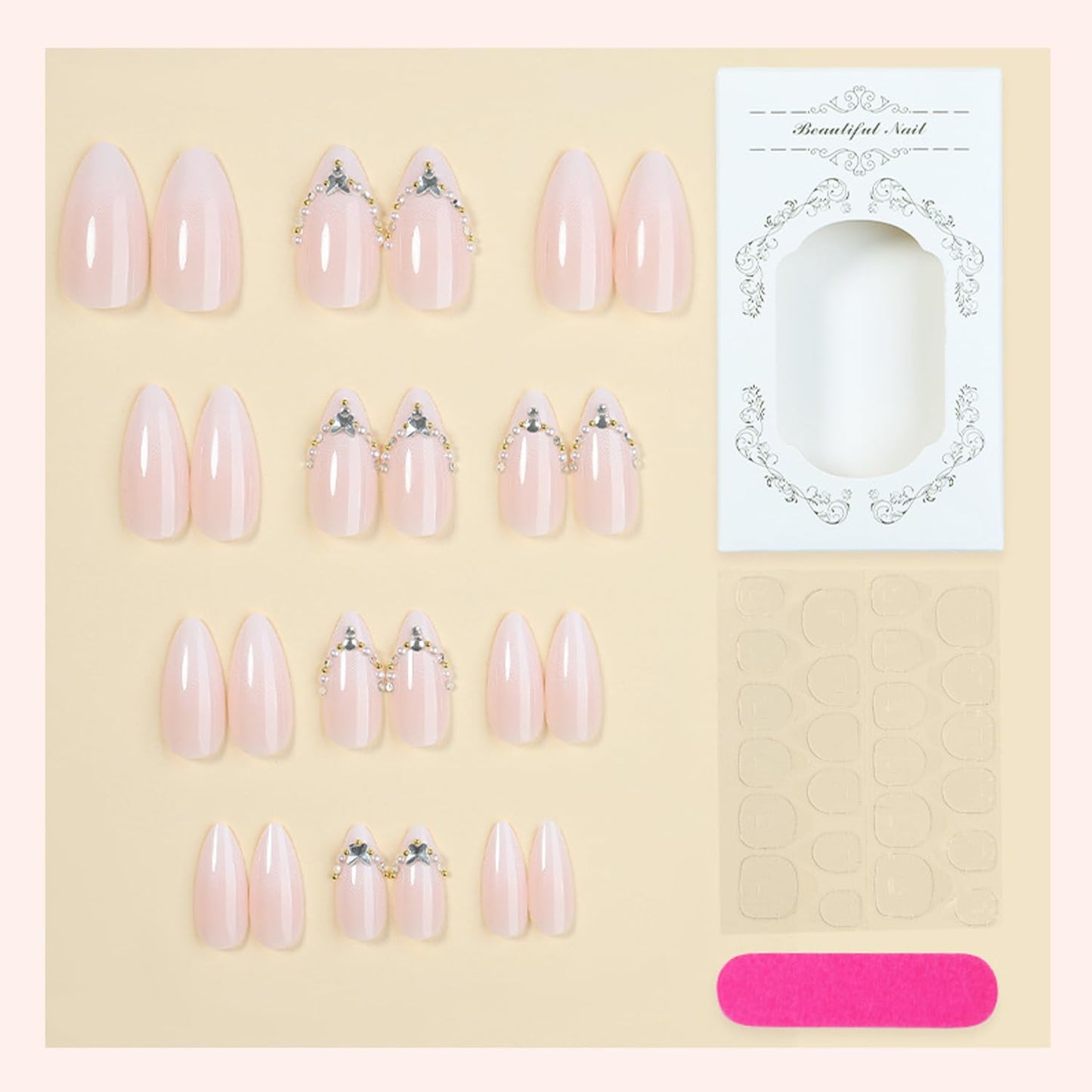 24Pcs Medium Almond Press on Nails - Press ons 3D Butterfly Rhinestone Pearl Chains Design Fake Nails French Tip False Nails Nude Pink Full Cover Sparkly Butterflies Artificial Stick on Nail for Women