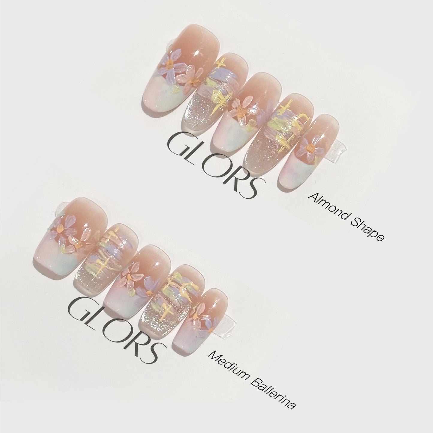 [GLORS] Purly Handmade Medium Ballerina Press on Nails | Oil Painting Style Flower in White and Nude French Tip Nails, 10 Pieces (Small, MB)