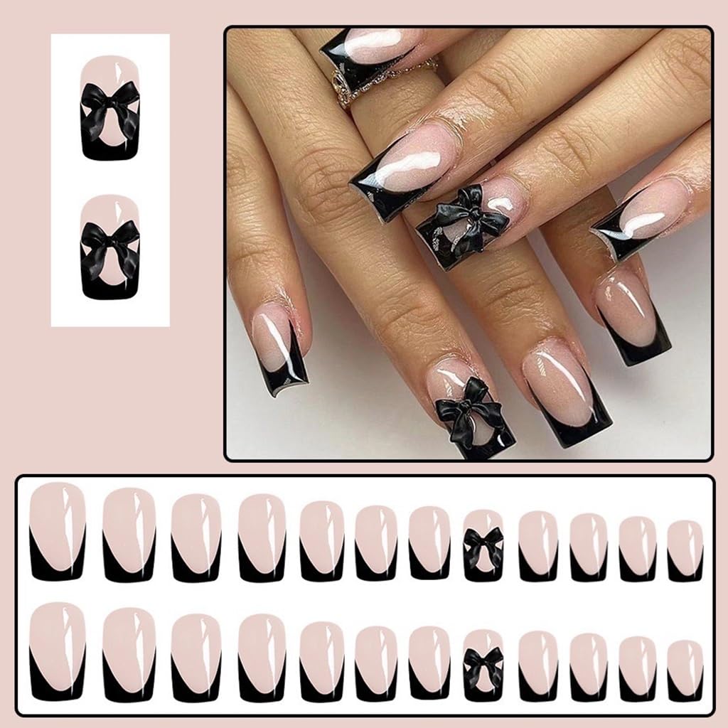 Black French Tip Press on Nails Square Fake Nails Medium False Nails with Bow Charms Design Glue on Nails Glossy Full Cover Stick on Nails Cute Acrylic Nails Press ons for Women Manicure 24Pcs
