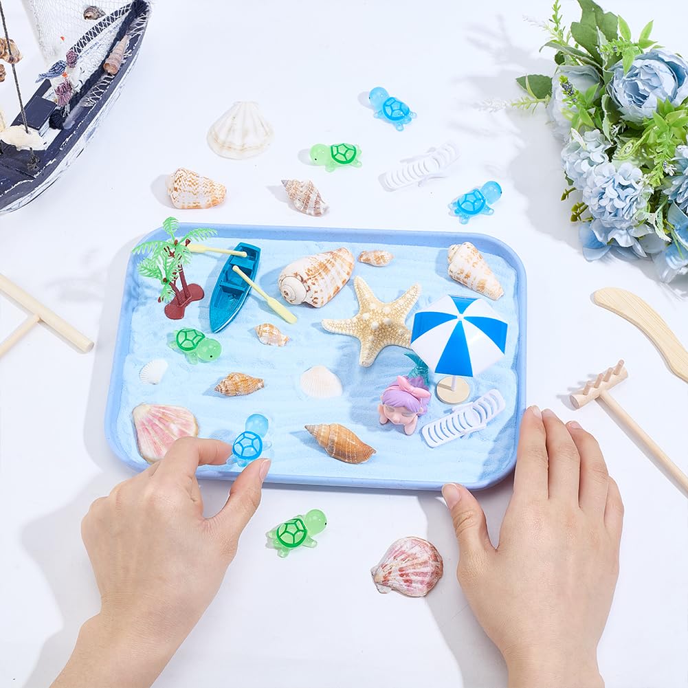 WEBEEDY Ocean Themed Desktop Zen Garden Kit Meditation Decor,Mini Japanese Sandbox Miniature Beach Zen Garden Sand Tray with Shells Starfish Conch Mermaid Ornaments Therapy Office Decor,9.4x6.8inch