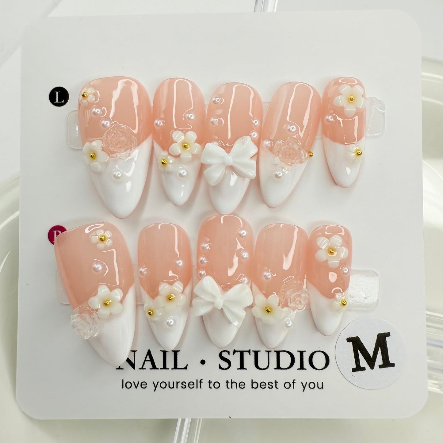 Handmade Press on Nails Flower Press on Nails White French False Nail Pearl and Bow Designs Short Almond Fake Nails Full Cover False Nails Acrylic Nails for Women Art Manicure (Size M)