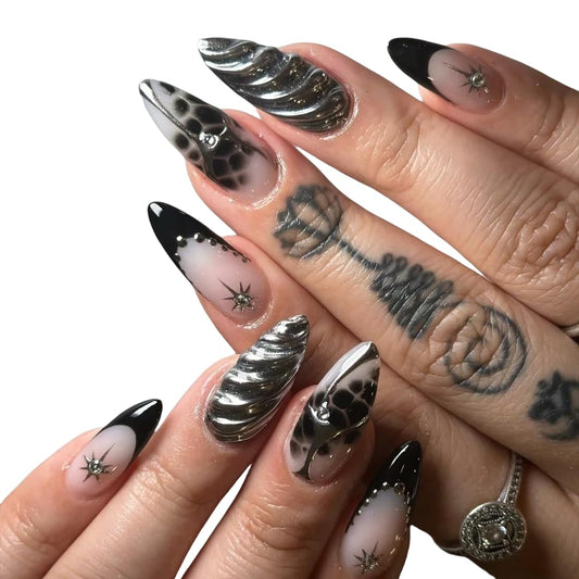 10Pcs Black Press on Nails Almond Handmade Fake Nails with Black False Nails Full Cover Artificial Glue on Nails 3D Stick on Nails Reusable Nail Supplies for Women DIY (MT-116, M)