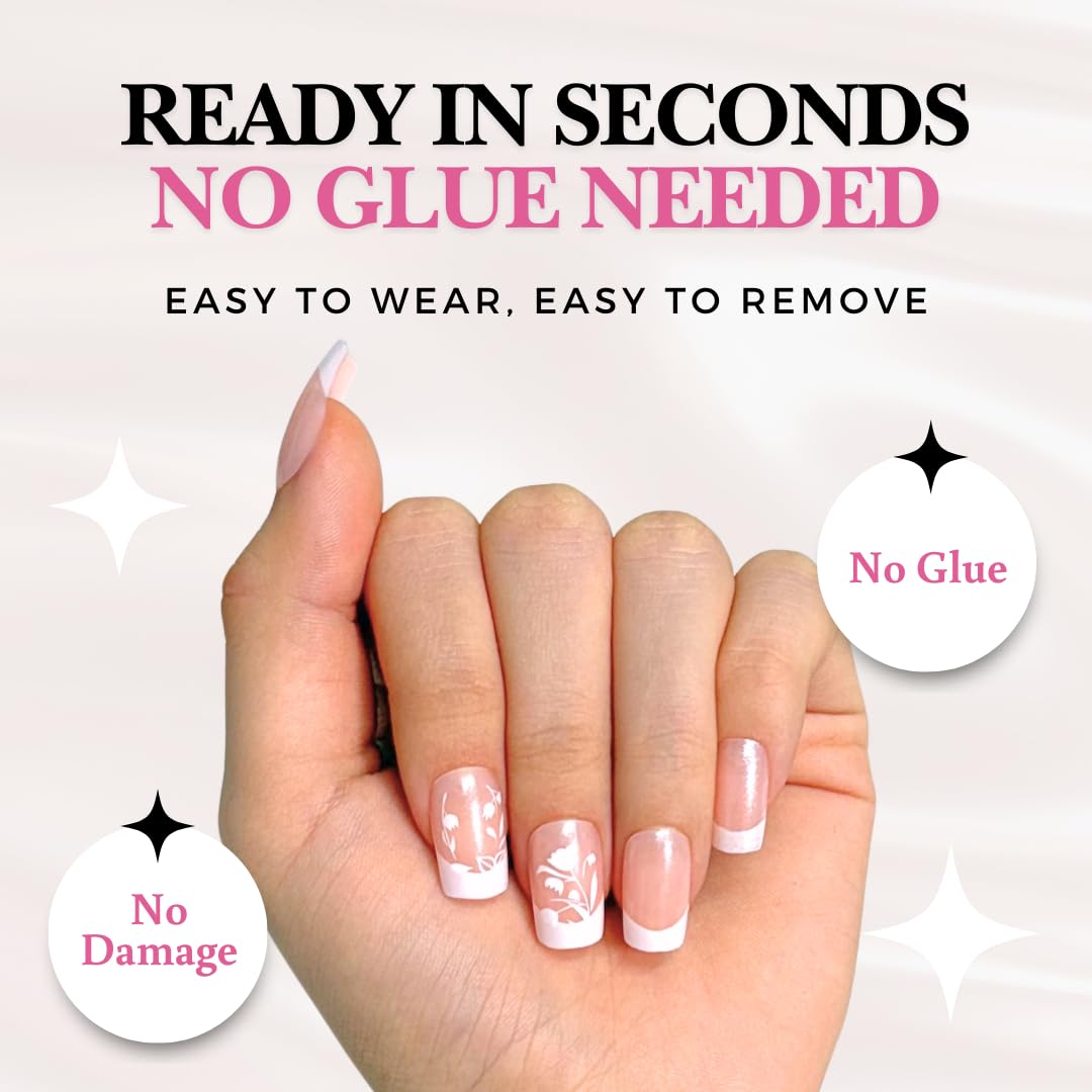 PerfectLook Press On Nails - Floral French | No Glue One-Day Medium Square Nails, Nude Glossy Nails with Flower Tips - 24 Pcs Nail Kit with Adhesive Tabs