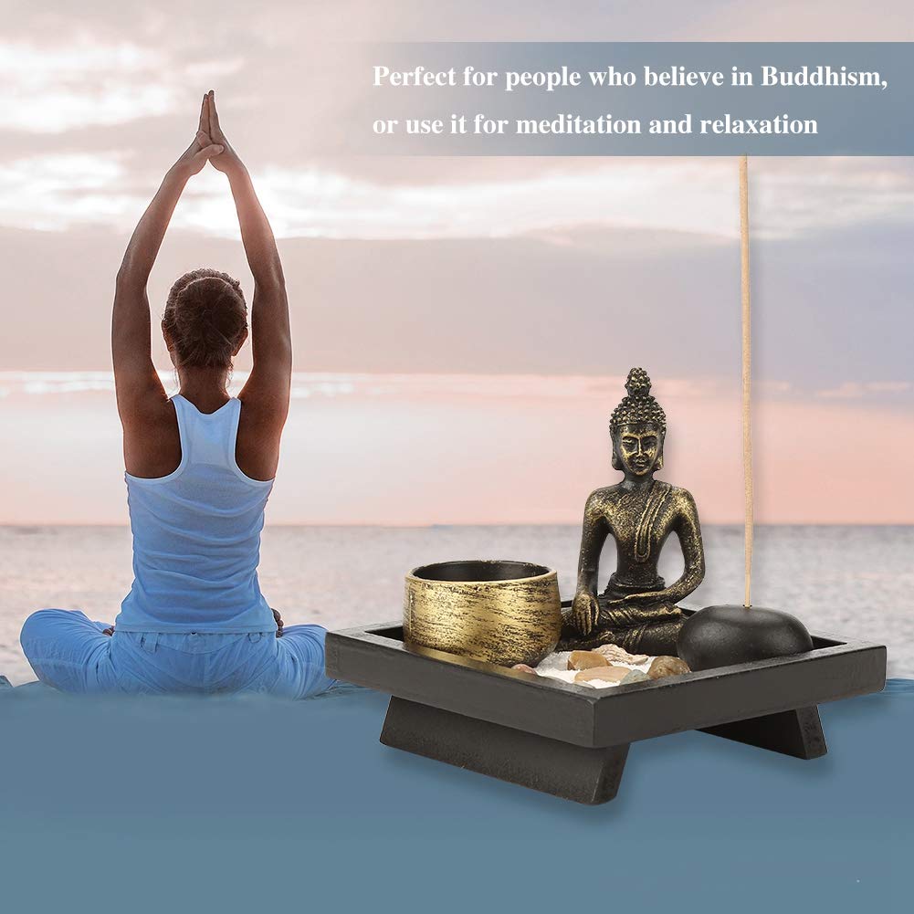 Desktop Zen Garden Kit, Mini Buddha Statue Tealight Candle Holder Ornament for Yoga Meditation Home Table Decor Gift