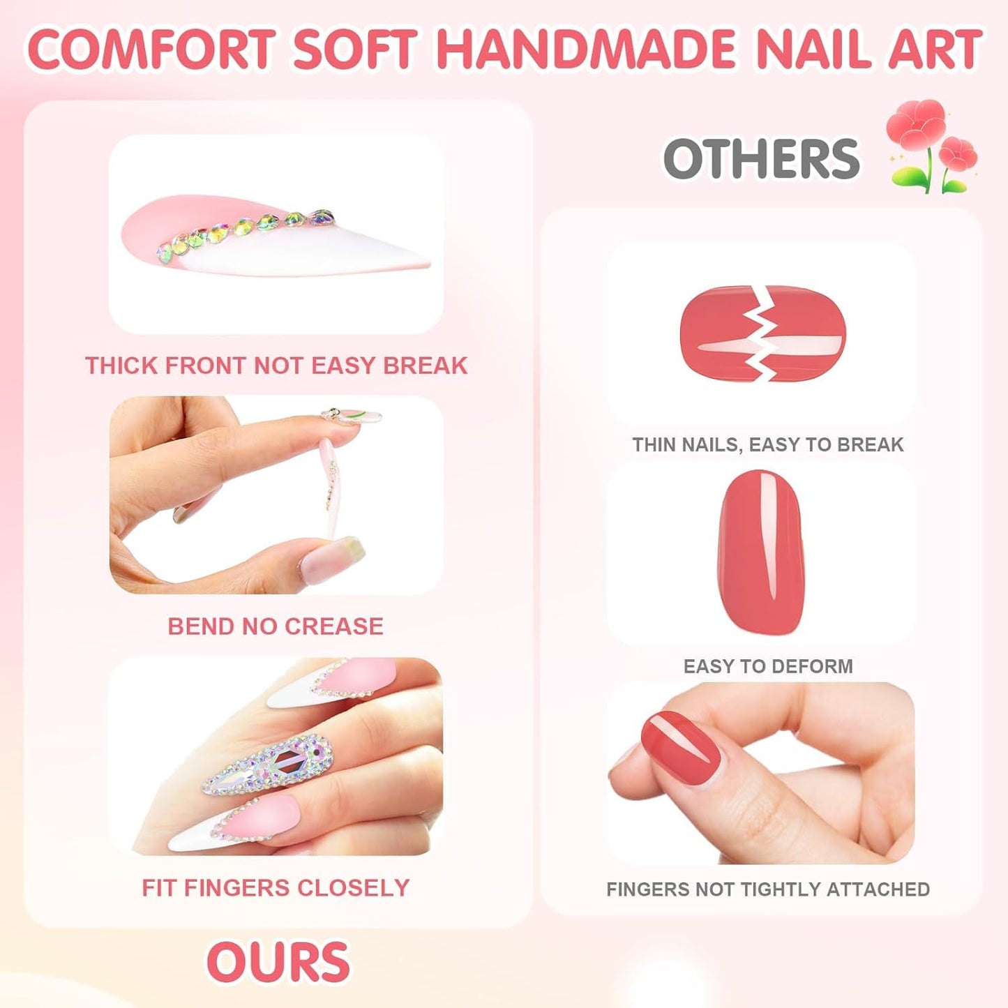 Yabonica Handmade Press On Nails Square,10Pcs Dark Blue False Nails Press Ons with 3D Bling Rhinestones Design,Long Lasting&Reusable Glue On Fake Nail for Woman Girls Party Daily Wear Gift (060P, S)