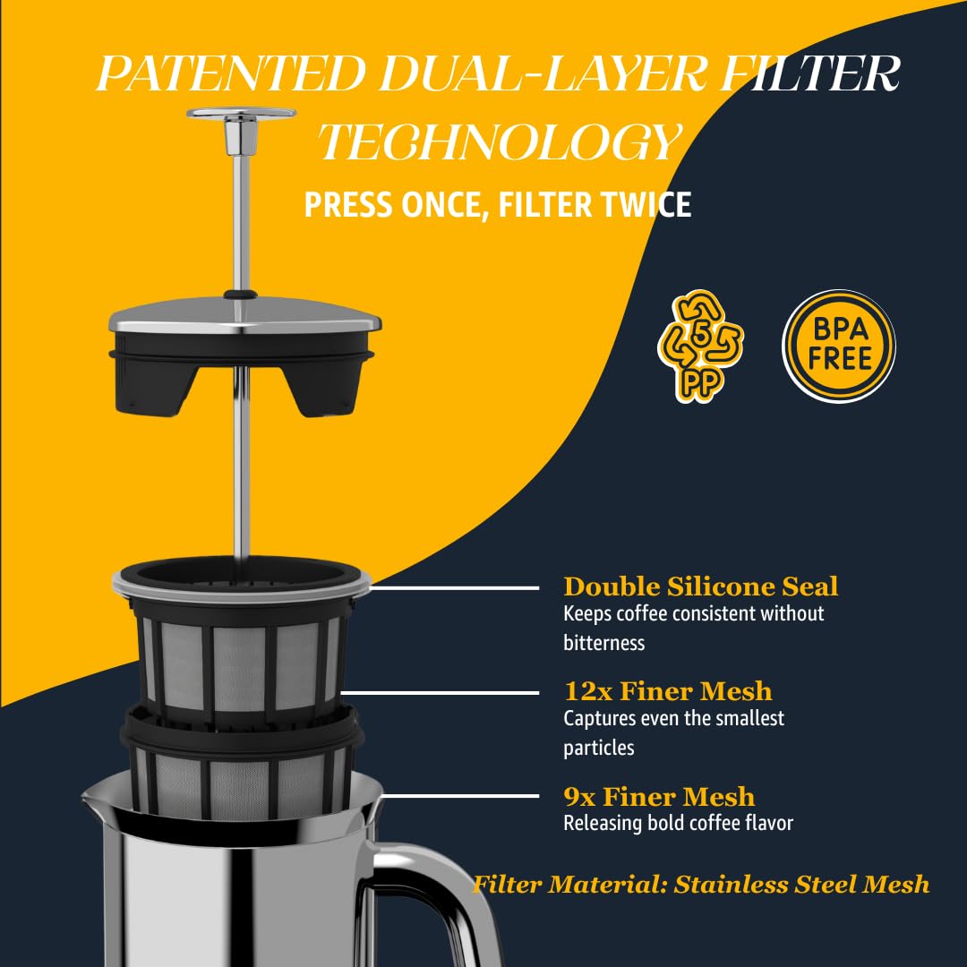ESPRO P7 French Press Stainless Steel 304 – Patented Double Walled Micro-Filter Insulated French Press Coffee Maker, Grit-Free Brew - Heat Resistant Plastic Free Coffee Maker, Polished (32oz)