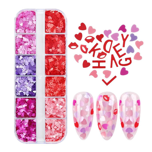 12-Grid Mixed Color Valentine's Day Nail Art Glitter Sequins Mixed Love Stars Letters Lips Color Heart-Shaped Nail Sequins Valentine's DIY Nail Art Decoration
