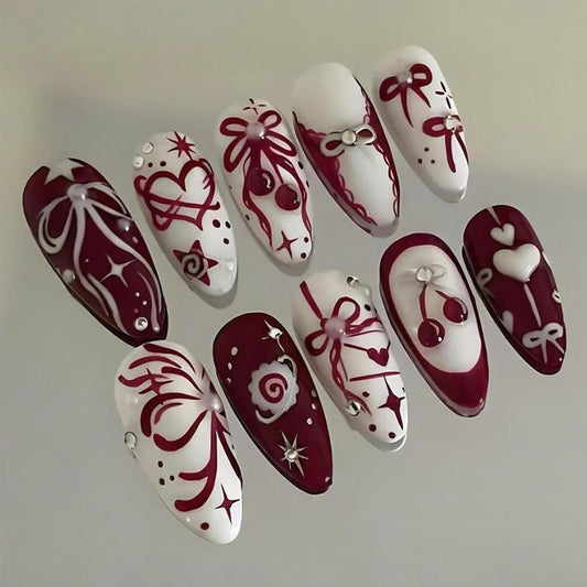 30Pcs Mid-length French Tip Press on Nails Fake Nails Cherry Red And Bow Designs French Nails Cute Stick on Nail Heart Press On Pearl Nail Handmade False Nail Artificial Glue on for Women Manicure
