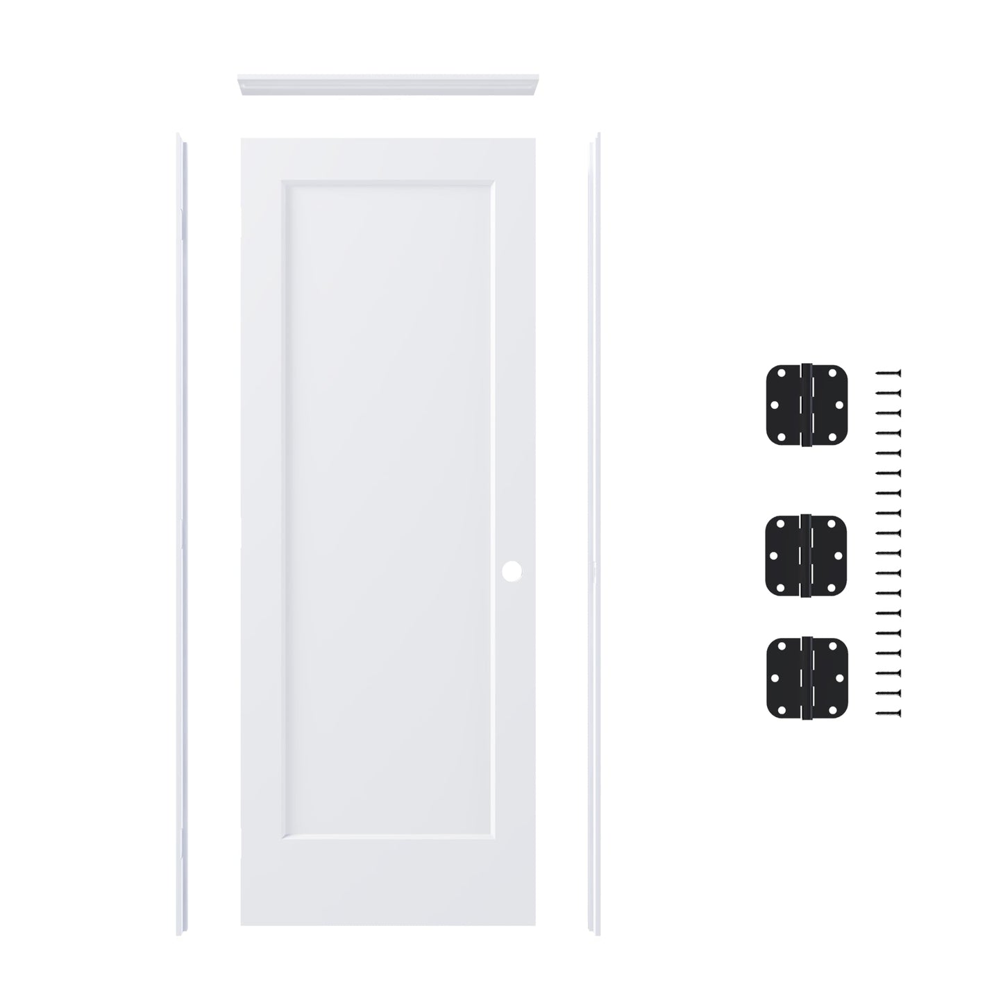 JUBEST 30"x80" Right-Hand Prehung Interior Door with Knock Down Jamb Kit & Matte Black Hinges, 1-Panel White Primed Hollow Core Molded Door Slab with Bore & Hinge Cutout, Durable & Sturdy, No Handle