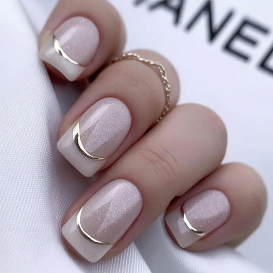 French Tip Press On Nails Medium Square Fake Nails with Gold Glitter Line Glossy Nude Pink False Nails Reusable Acrylic Stick On Nails for Women Daily Wear, 24 Manicure Kit with Adhesive Tabs