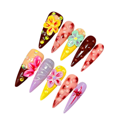 Handmade 3D Sweet Retro Floral Stiletto Press On Nails, Colorful Rhinestone Artisan Nails Set, Reusable Glossy Press-ons with Tool Kit (XS)