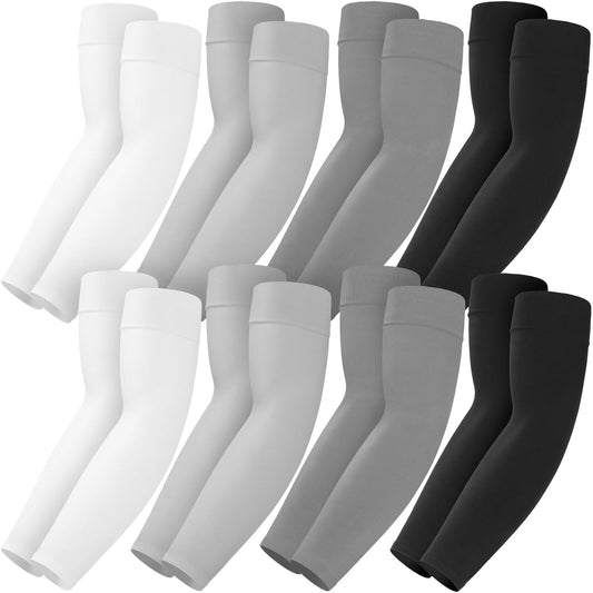 Mochabao 8 Pairs Soft Arm Sleeves, UV Sun Protection Cooling Compression Arm Covers for Outdoor Work, Sports, Men & Women (Black/White/Dark Gray/Light Gray)