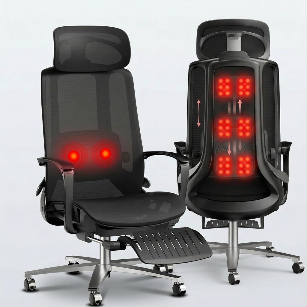Ergonomic Office Chair with Footrest & Adjustable Massage Lumbar Support – 5D Headrest, 90-160° Recline Mesh Chair for Home Office/Gaming, Heavy Duty Big and Tall 400LBS Capacity, Black
