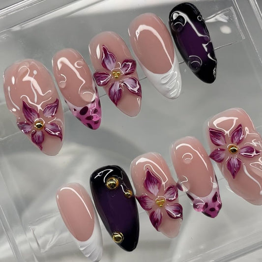 LBPEPAMZ 24Pcs Flower Press on Nails Medium Almond Fake Nails with 3D Floral Design Glue on Nails Gradient French Tip False Nail Gold Rhinestone Charms Acrylic Full Cover Stick on Nail for Women