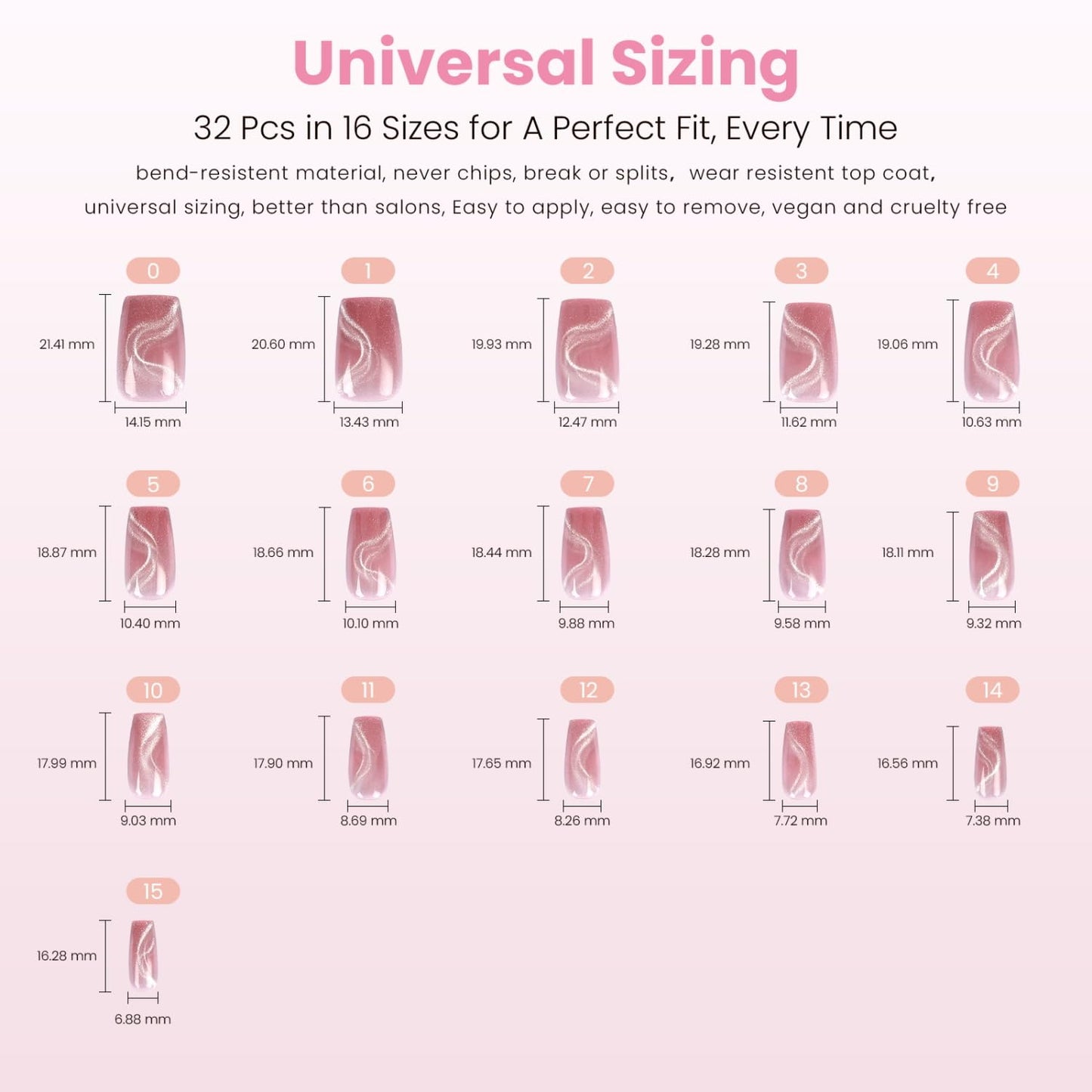 Nail Reformation Press On Nails, Pink Sway | Short Coffin Fake Nails with Velvet Cat Eye, Salon Quality, Reusable Stick On Neutral Nails in 16 Sizes - 32 Nail Kit with Glue, Manicure Gifts for Women