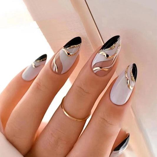 Almond Press on Nails Medium Fake Nails White False Nails Press ons with Designs White Black Glue on Nails Glossy Full Cover Acrylic Artificial Stick on Nail for Women Decorations 24Pcs