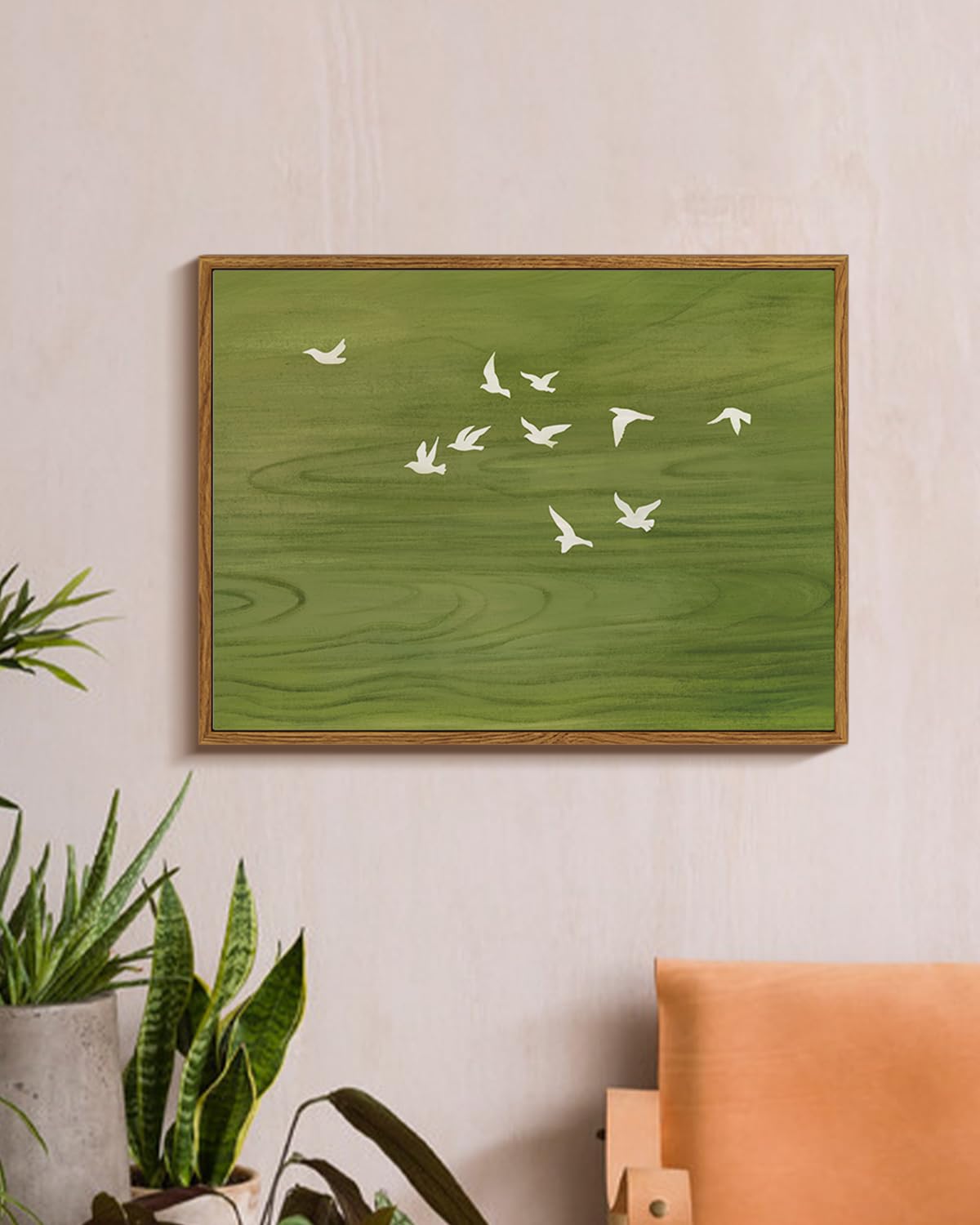 Peaceful Landscape 12x16 Zen Framed Canvas Wall Art, Abstract Minimalist Green Nature Print with Flying White Birds Painting, Modern Bedroom Office Home Farmhouse Calming Spaces Decor