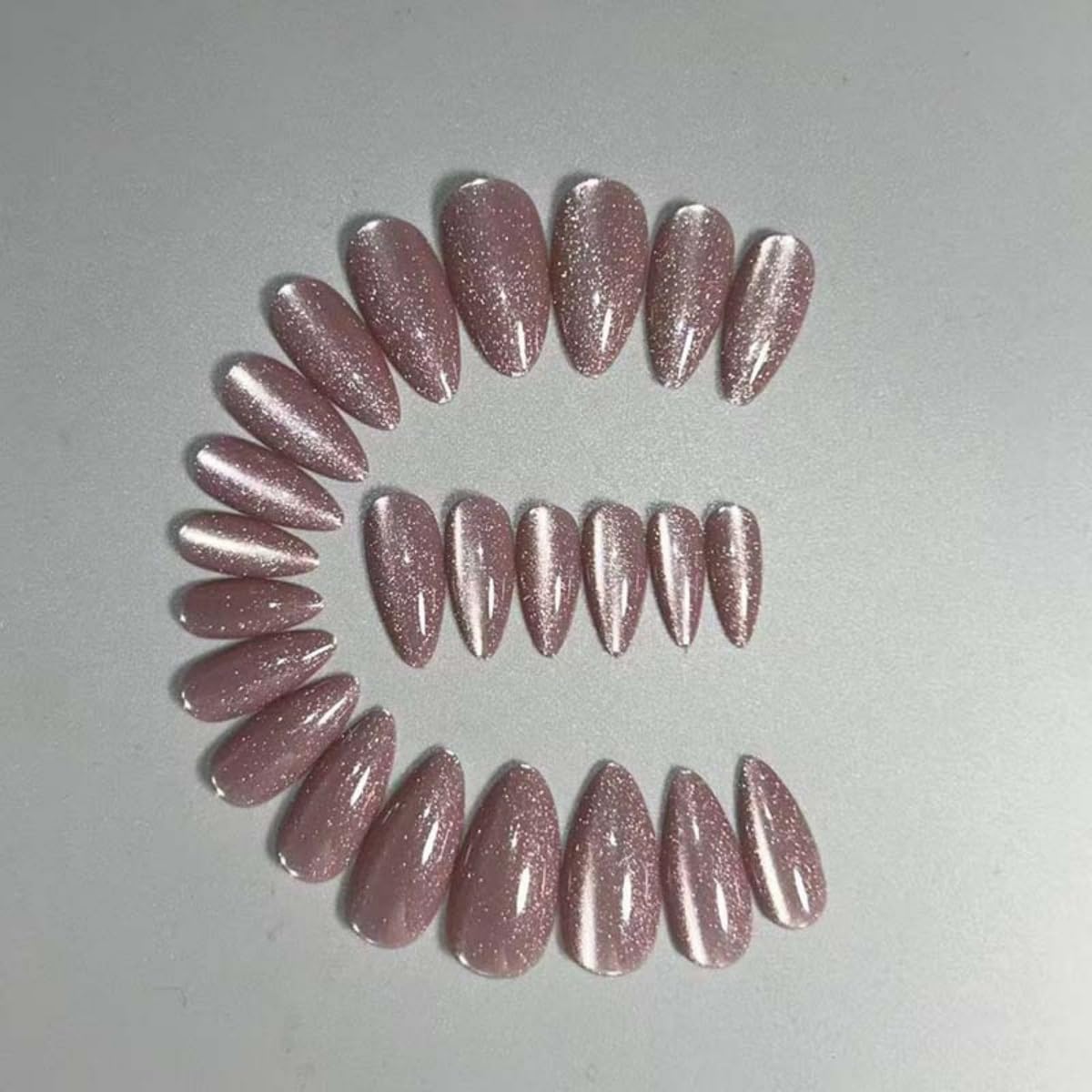 24Pcs Purple Press on Nails Medium Almond Length Glitter Fake Nails with Glue Pink Purple Glossy Acrylic Nails for Women DIY Manicure Decoration