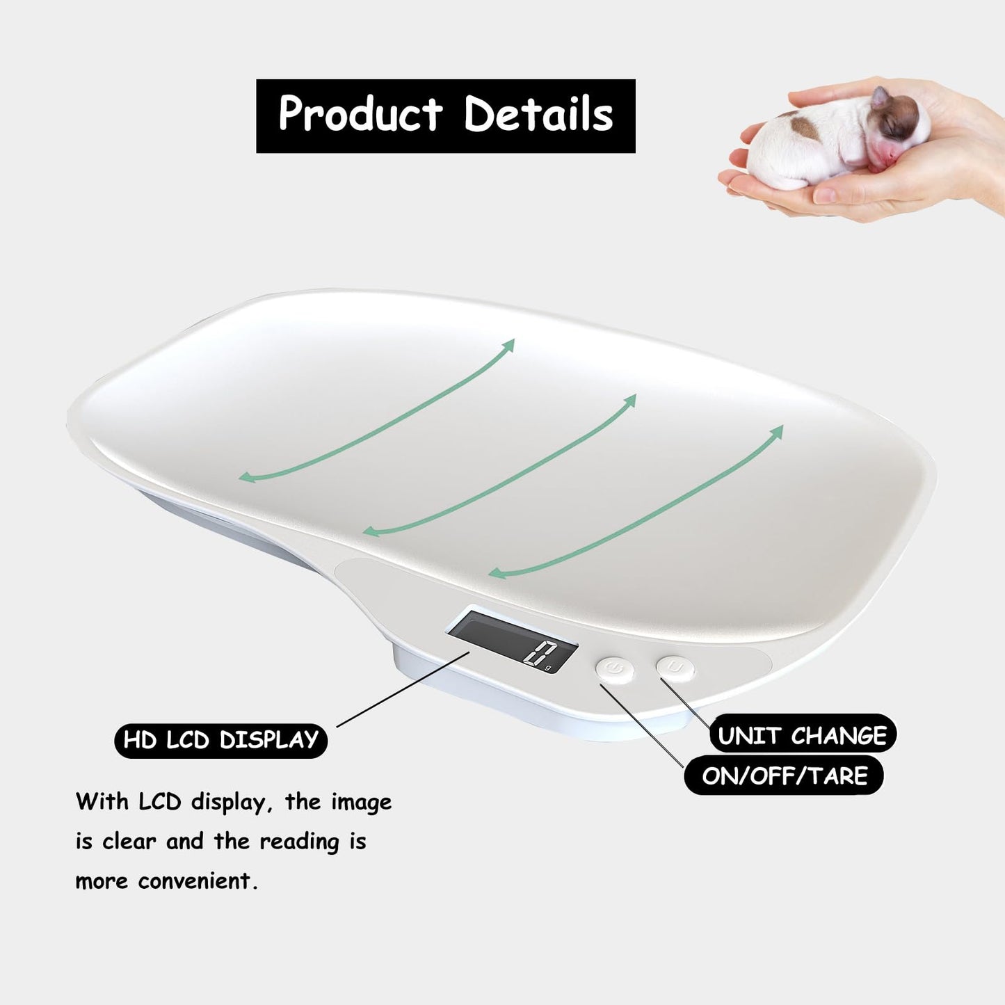 Small Animals Digital Pet Scale for Dogs Cats, Portable Electronic Kitchen Food Weighing Scales Max 33 lbs, LCD Scale with Tray, for Food, Puppy, Kitten, Lizard, Hamster, Tortoise, Helping