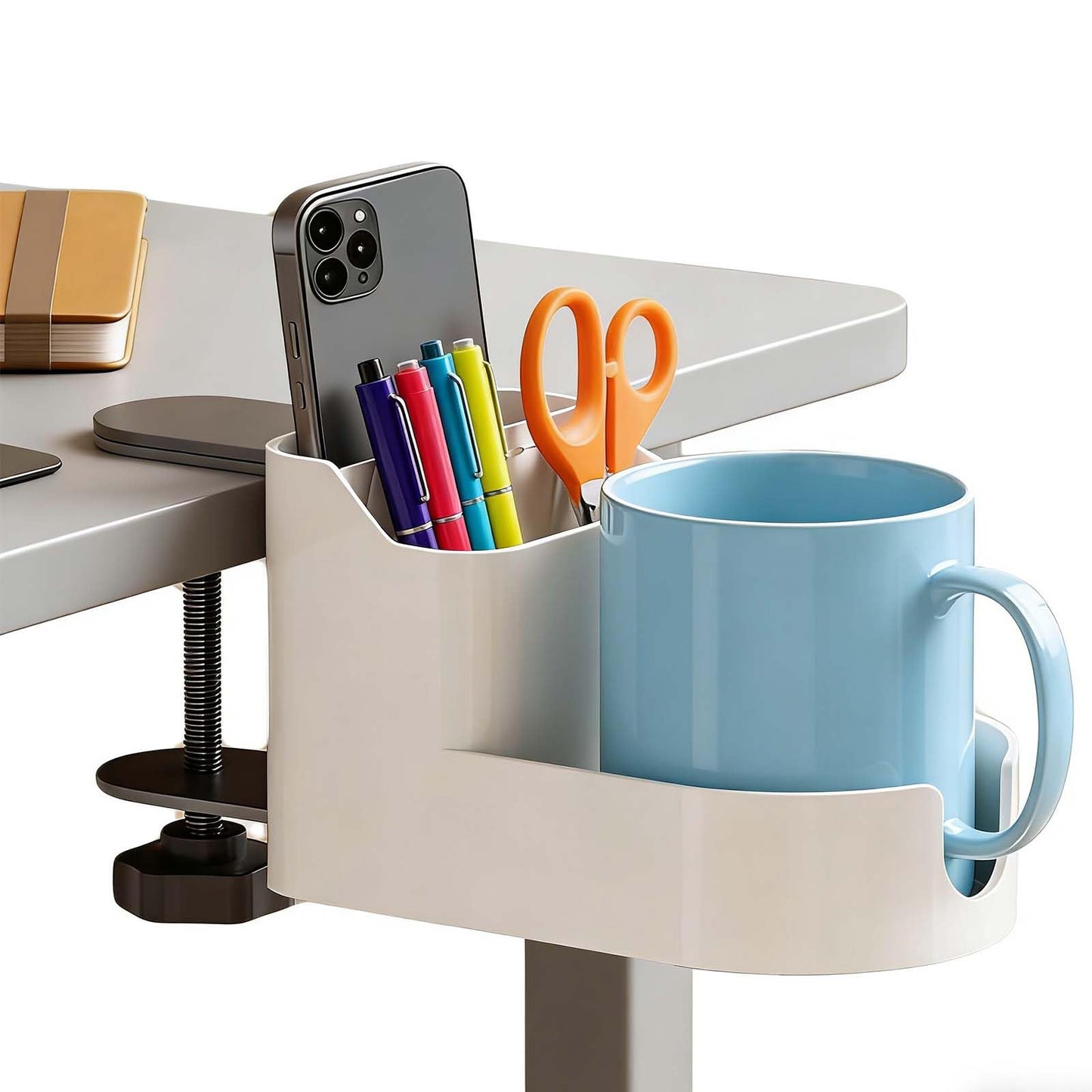 Desk Cup Holder Clamp,Clip on Cup Holders for Desks with Charging Hole and Spill-Proof Cup Design - Desks Side Drinking Cup Holders Clip for Home,Office&Gaming Desk Accessories