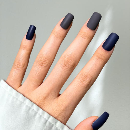 PerfectLook Press On Nails - Midnight Matte | No Glue One-Day Medium Square Nails, Matte Dark Grey & Navy Blue Fake Nails - 24 Pcs Nail Kit with Adhesive Tabs
