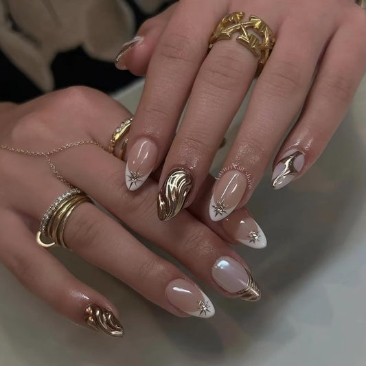 Handmade Press on Nails Almond Fake Nails French Tip False Nails with Gold Line Design Glue on Nails Press ons Cover Stick on Nails for Women Manicure 10Pcs (MT-107, M)
