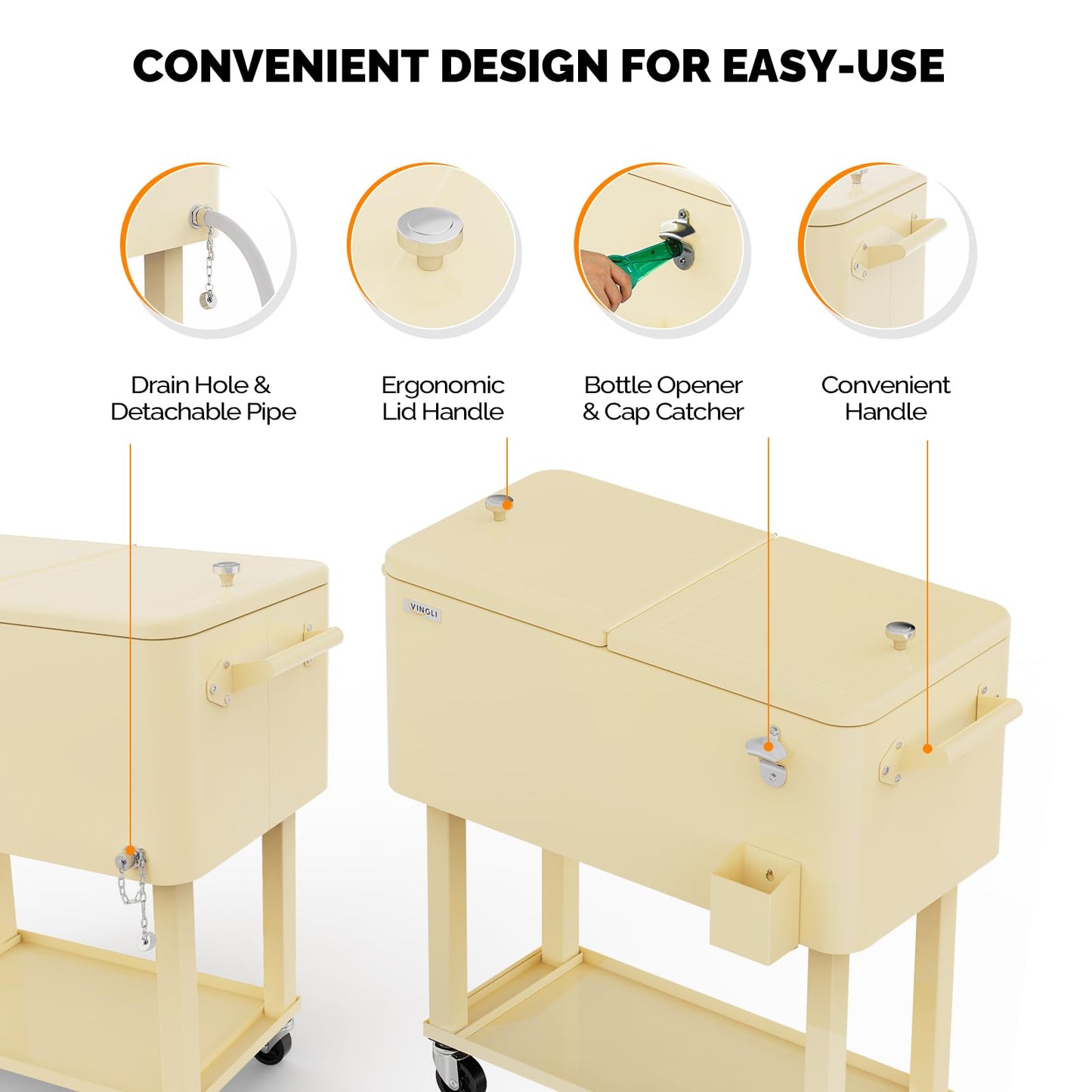 VINGLI 80 Quart Rolling Ice Chest, Portable Patio Party Bar Drink Cooler Cart, with Shelf, Beverage Pool with Bottle Opener (Beige)