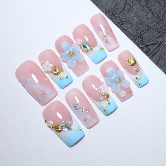 10Pcs Long Coffin Handmade Press On Nails | Easy Apply & Remove, Reusable Salon Quality Nails | Fresh Summer Pink Blue Fake Nails with 3D Flower, Gold Seashell & Rhinestone French Accents(O907, M)