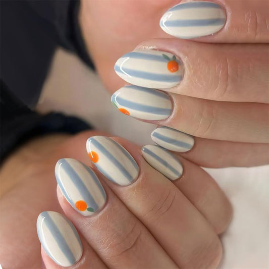 Summer Press on Nails Short Almond Fake Nails Press ons with Orange Design Blue Stripes False Nails CuteReusable Full Cover Stick on Nails for Women 12 Sizes-24 Pcs Nail Kit