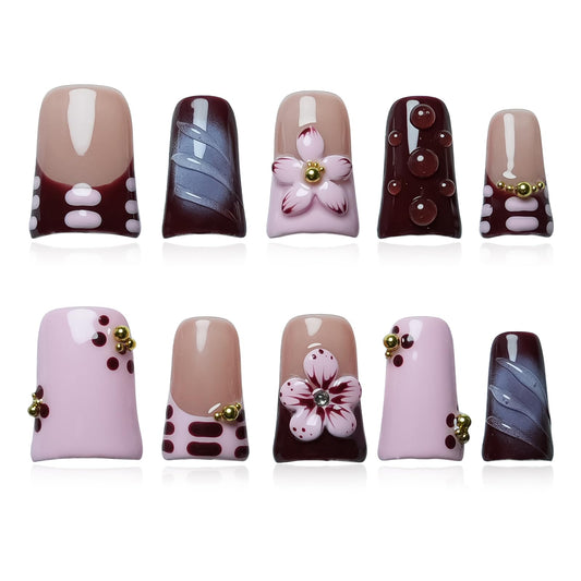 Tesytto Handmade Press on Nails Short Duck - Burgundy Nude Pink Ombre French Tip with 3D Cherry Flower & Y2K Gold Beads, Summer Reusable Acrylic Full Cover (Blush Mauve Flower Waltz, S)