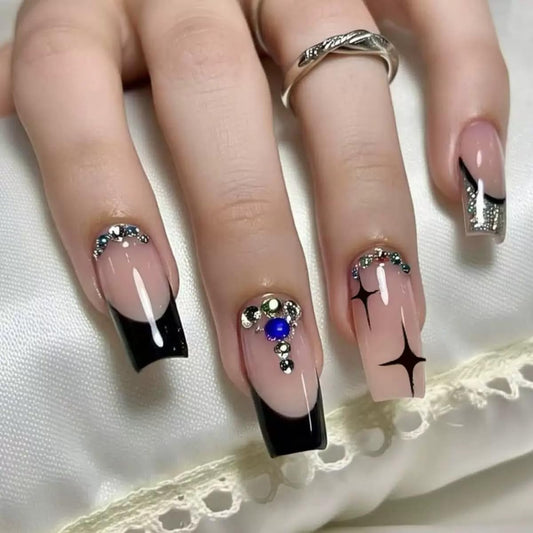 Medium Press on Square Nails - Black, Glitter French Tip with Rhinestone Design - Starburst Full Cover Stick on False Nails - for Women 24 Pcs