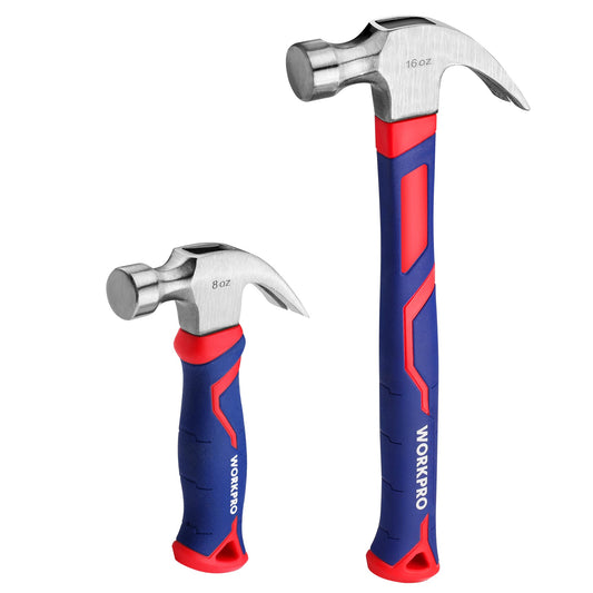WORKPRO 2-Piece Claw Hammer Set, 8 oz Mini Stubby & 16 oz Fiberglass General Purpose, Soft Nonslip Handle & Heat Treated Head