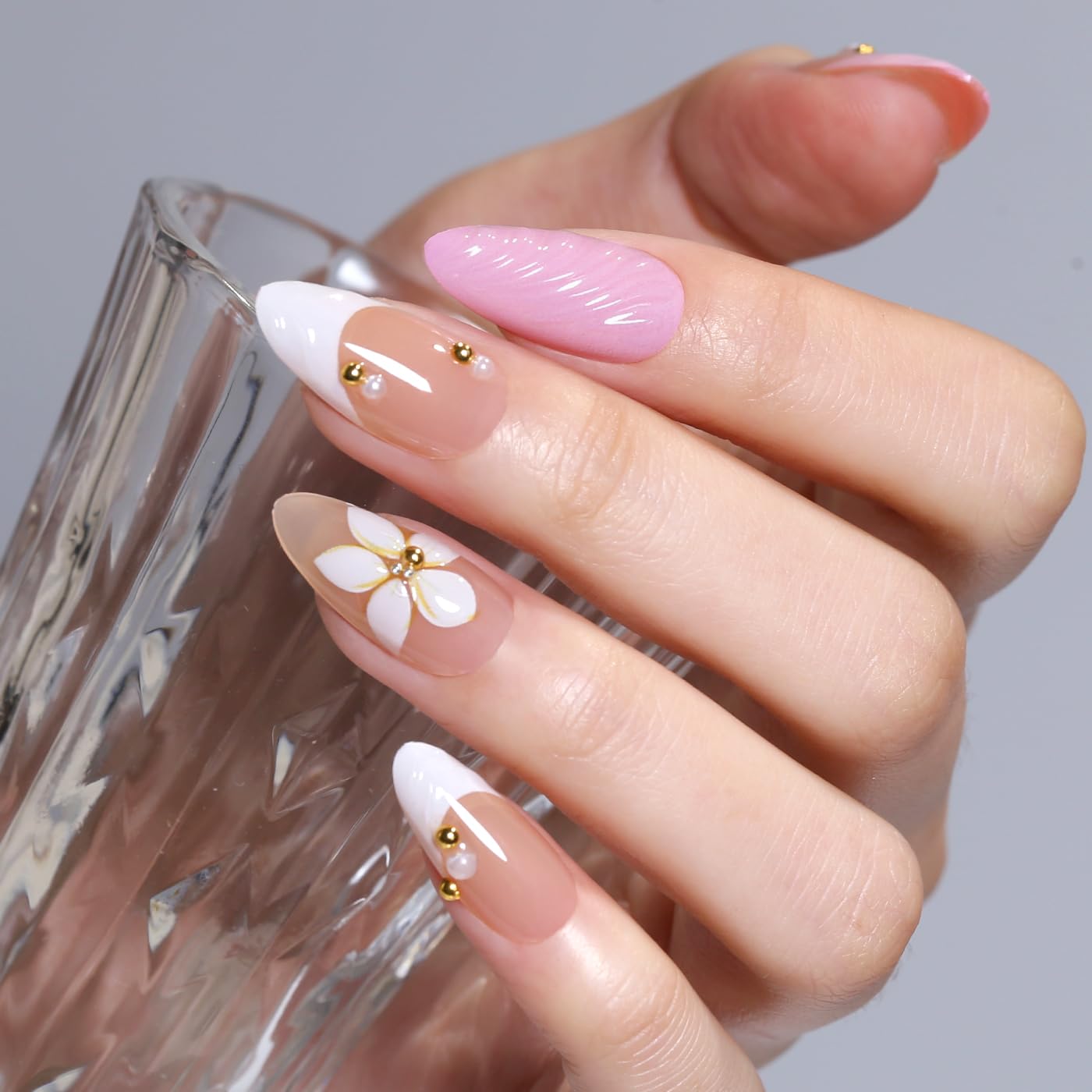 Goolich Bright Pink French Tip Press On Nails Short Almond, Bead with 3D Floral Mermaid Nails Press ons Set with Adhesive Tabs, 24 Pcs 12 Size Reusable Full Cover Glue on Nails for Women