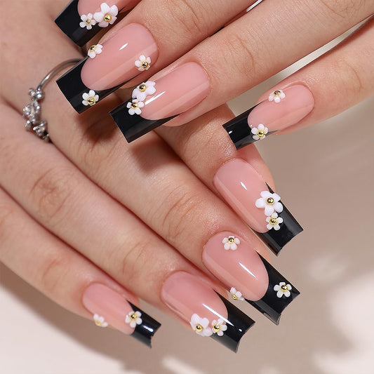 WAFOLOZE Black French Tip Press On Nails - Long Press On Nails Square Fake Nails with Small White Flowers, Artificial Nails 16 Sizes - 32Pcs False Nails Tips Kit, Stick On Nails for Women