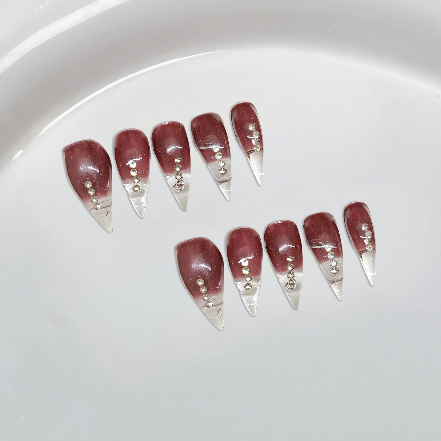 Handmade Press on Nails Curved Stiletto Fake Nails Eagle Claw Art Design Dragon Claw False Nail Wine Red Glitter French Tip Acrylic Nail Glossy Stick on Nail for Women (S)