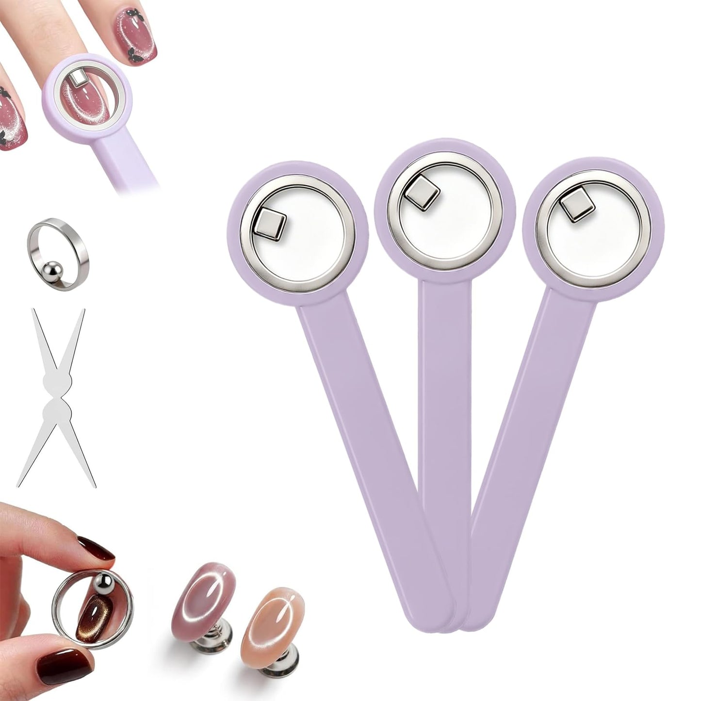 Ring-Shaped Cat Eye Magnet for Nails, Hollow Magnetic Design Circle Cat Eye Magnet for 3D Halo French Tip Nail Art, Home Salon DIY Manicure Tool (3Pcs-Purple)