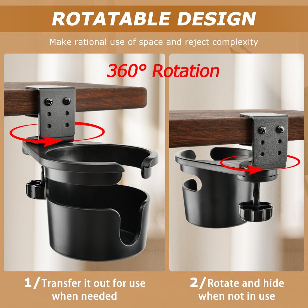 Desk Cup Holder, 360° Rotating Anti-Spill Cup Holder for Desk or Table, Adjustable Clamp Bottles Holder for Gaming Room, Home, Office to Hold Coffee Mugs