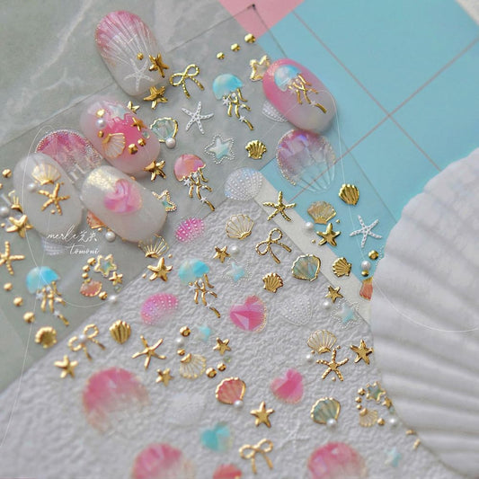 Pink Ocean Seashell Nail Stickers 5D Embossed – Premium Salon-Quality Nail Charm Accessories, Easy Application & Self-Adhesive Summer Sticker for DIY Manicure, Nail Art, Press on, Home or Salon Use