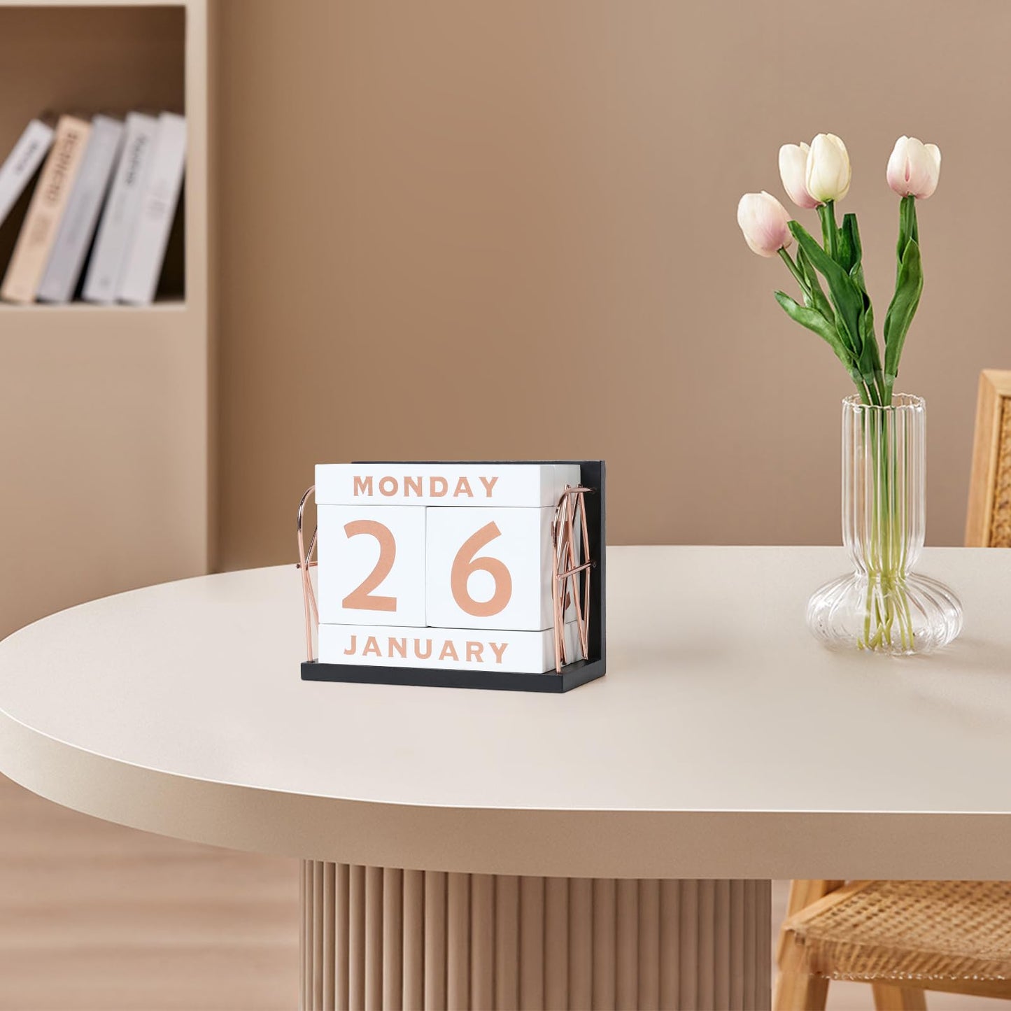 DEERINE Wooden Perpetual Block Calendar for Desk, Rose Gold Daily Desktop Desk Calendar, Modern Farmhouse Aesthetic Desk Accessories for Home Office Decor, Teacher, Classroom, Reusable Yearly