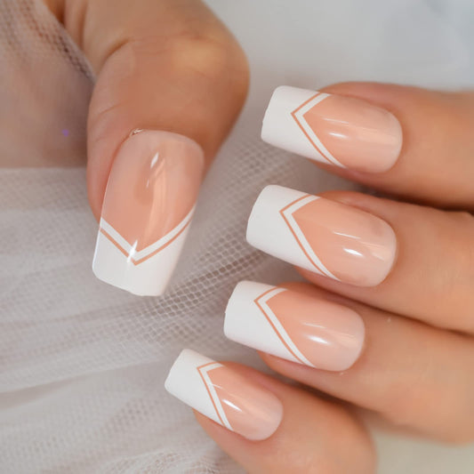 Coolnail Glossy White V French Press on False Nails Square Flat Top Shape Gel Natural Nude Medium Long Fingersnails for Women and Girl