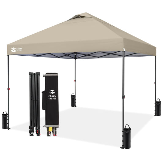 CROWN SHADES 10x10 Pop Up Canopy Tent - Patented Center Lock One Push Instant Outdoor Canopy Beach Tent with STO-N-Go Bag 8 Stakes & 4 Sand Bags，Khaki