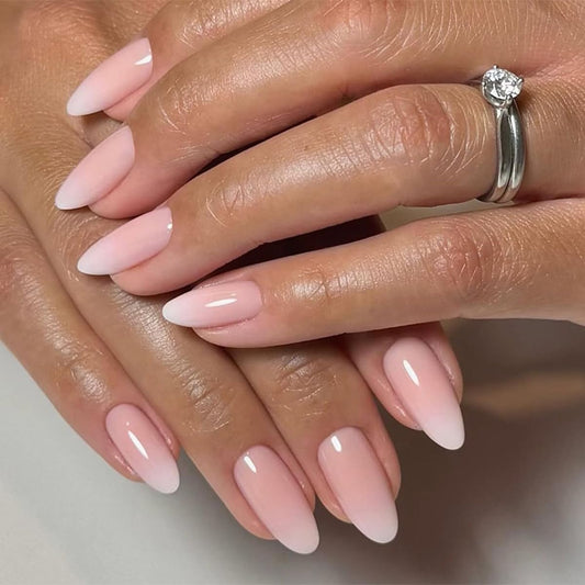 Ombre Press on Nails Almond Fake Nails Medium Length Nails Press ons with Design,Full Cover Glue on Nail Stick on Nails for Women Manicure,Glossy | Reusable | Nail Sticky Tabs | Easy Apply | 24Pcs