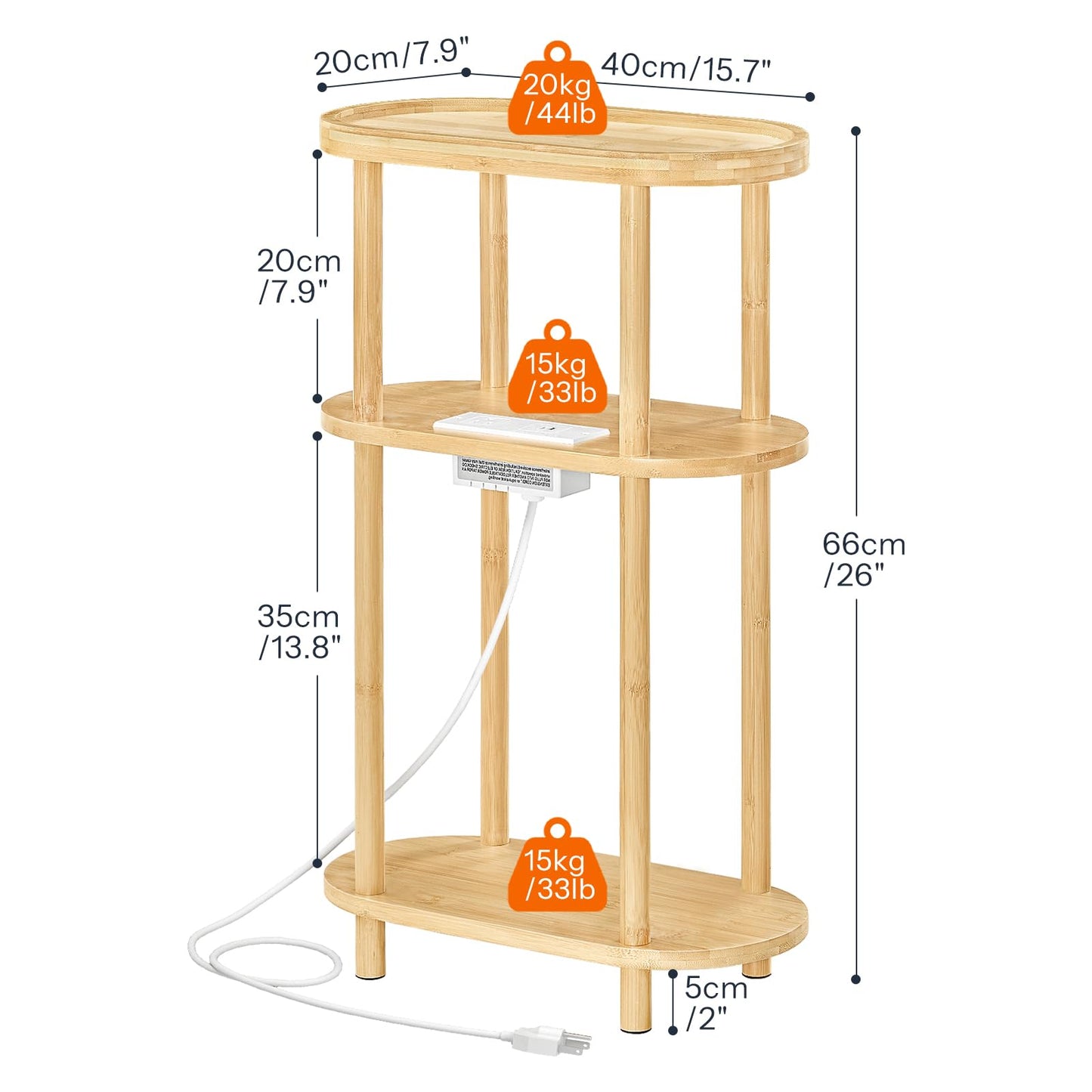 HOOBRO Small Narrow Side Table with Charging Station, 3-Tier Bamboo Narrow End Table, Slim Side Table for Small Spaces, Skinny Oval Nightstand for Living Room, Bedroom, Apartment, Natural YL178UBZ01